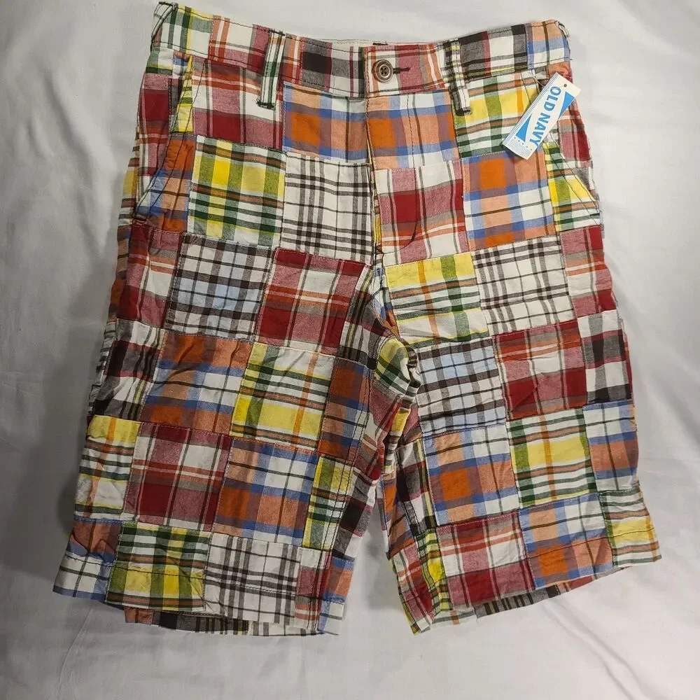 Old Navy Boys Size 10 Multicolor Madras Plaid Patchwork Shorts NWT